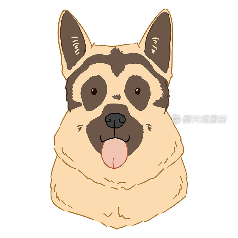 Illustration of german shepherd portrait on white background. Vector drawn by hand art of cute cartoon dog head. Colorful picture of drawing doggy.